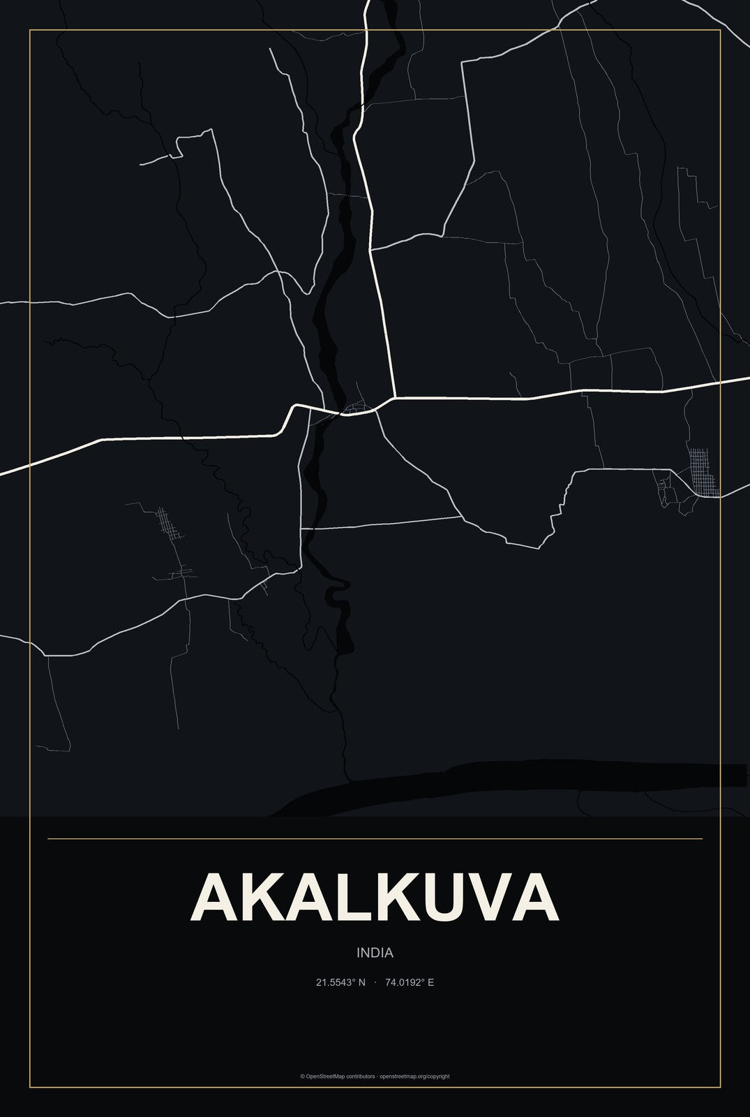 Akalkuva, India City Map Aluminum Sign in Metropolitan Noir style