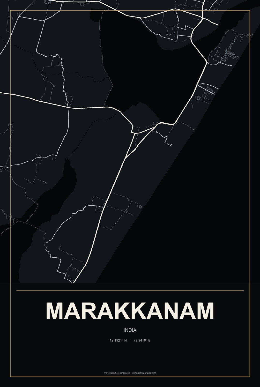 Marakkanam, India City Map Aluminum Sign in Metropolitan Noir style