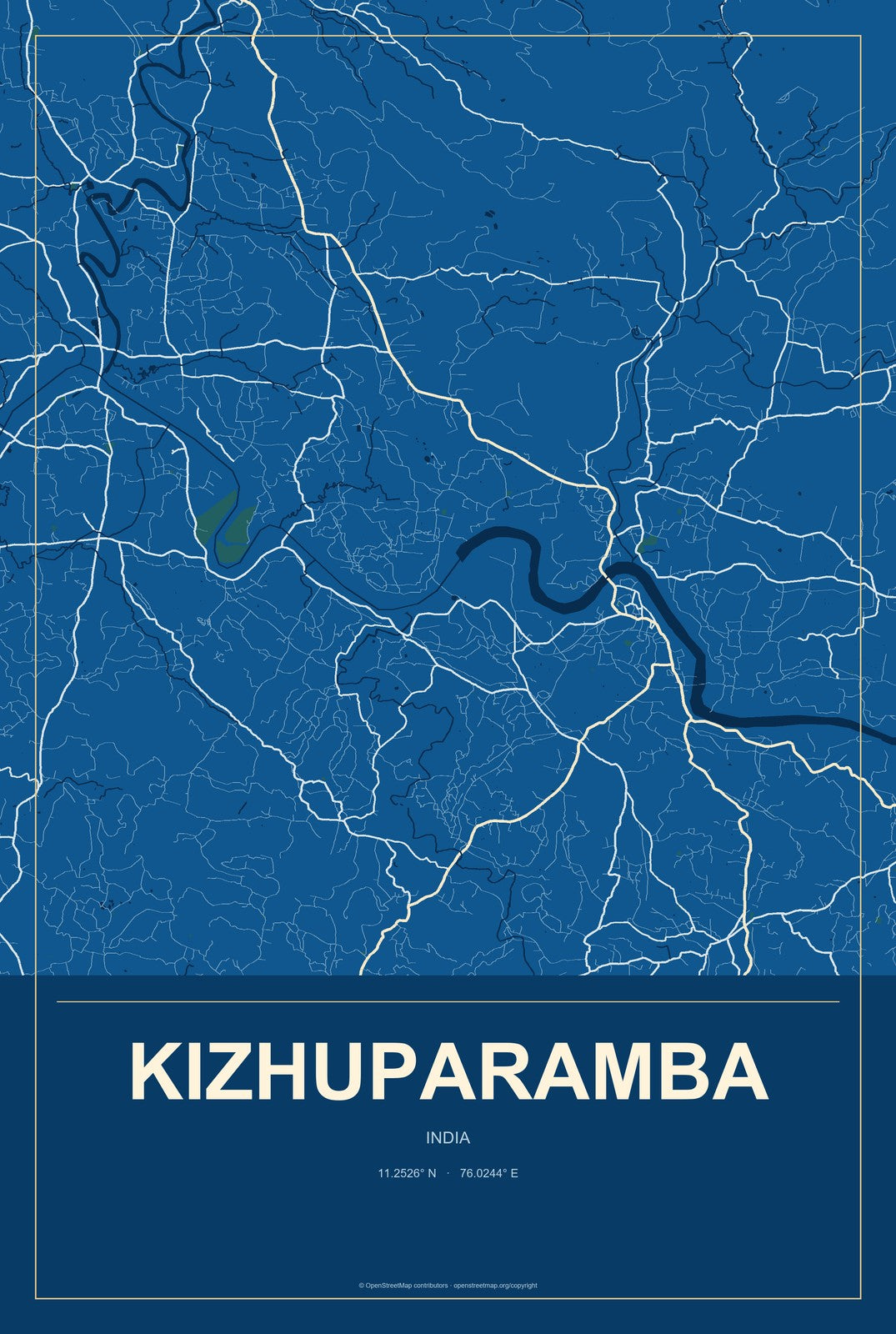 Kizhuparamba, India City Map Aluminum Sign in Harbor Cobalt style