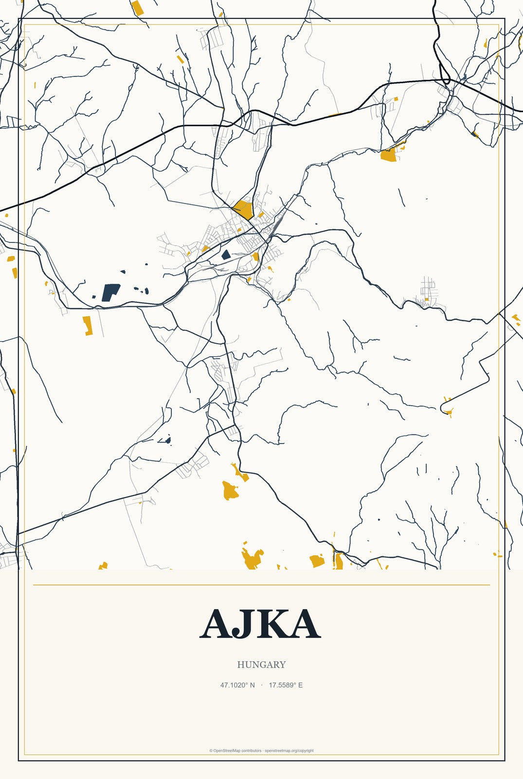 Ajka, Hungary City Map Aluminum Sign in Citrine Modern style