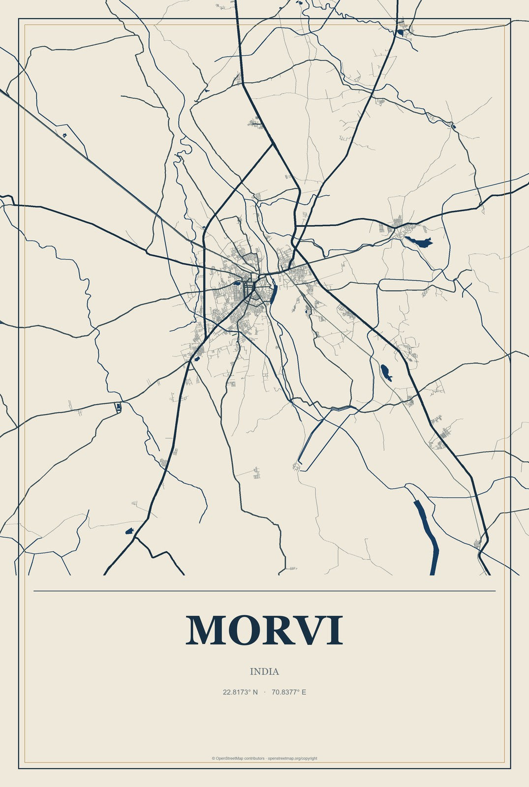 Morvi, India City Map Aluminum Sign in Coastal Cutout style