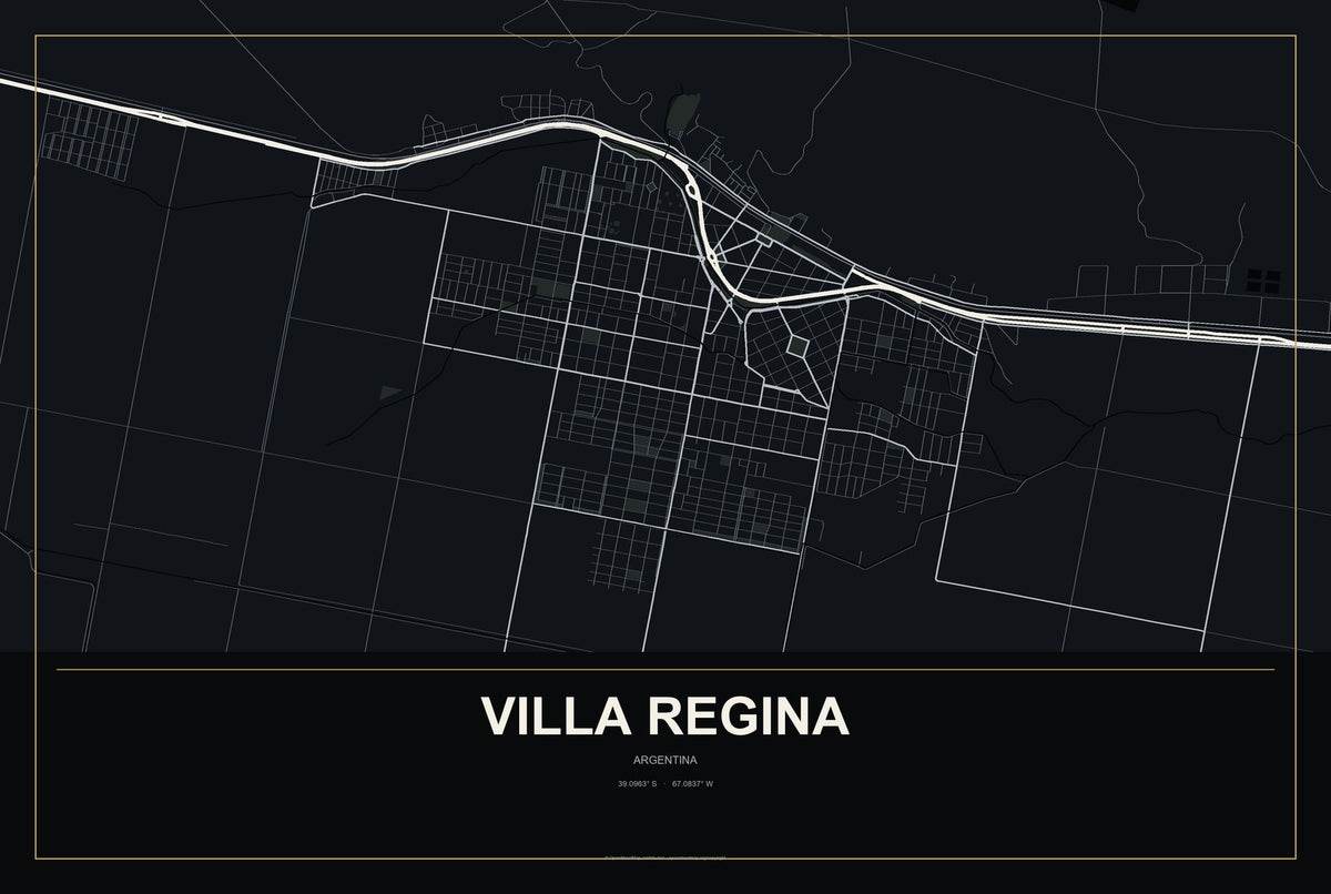 Villa Regina, Argentina City Map Aluminum Sign in Metropolitan Noir style