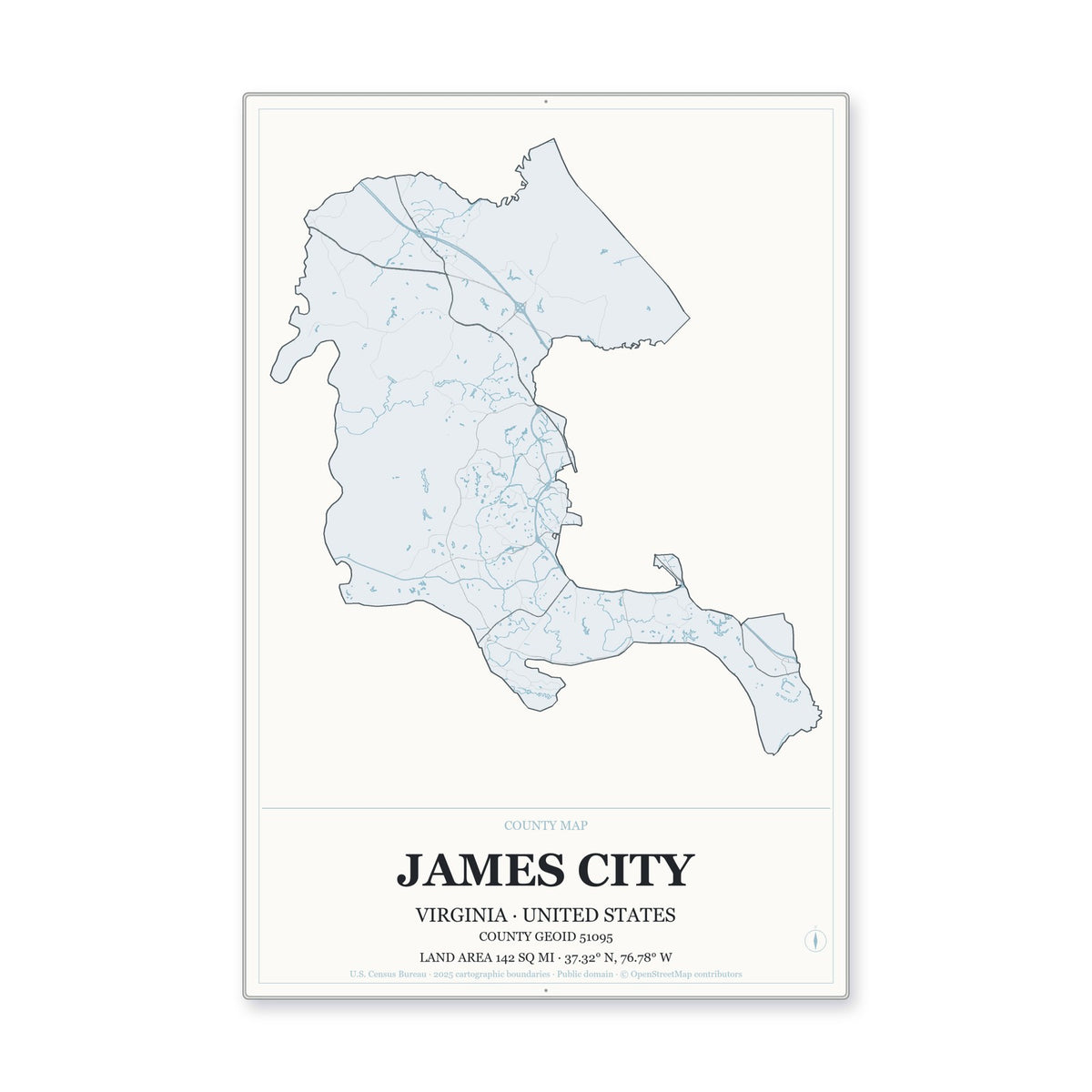 James City County, Virginia Map Aluminum Sign in Gallery Air style