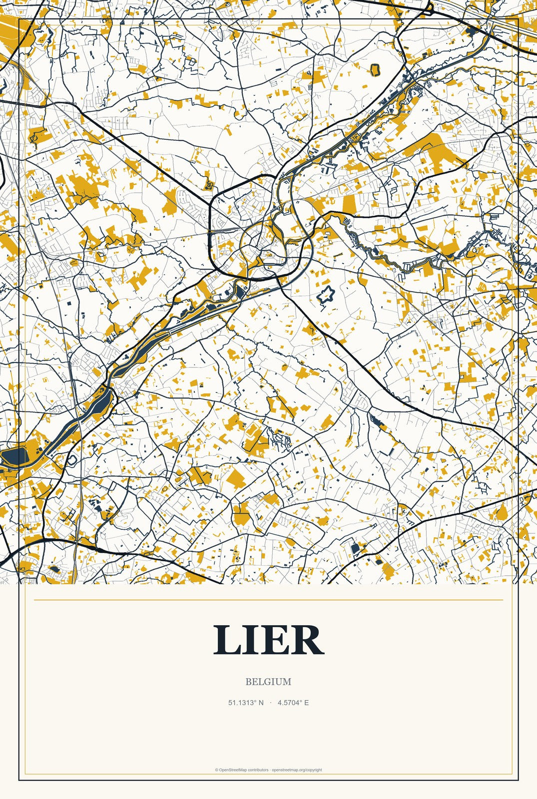 Lier, Belgium City Map Aluminum Sign in Citrine Modern style