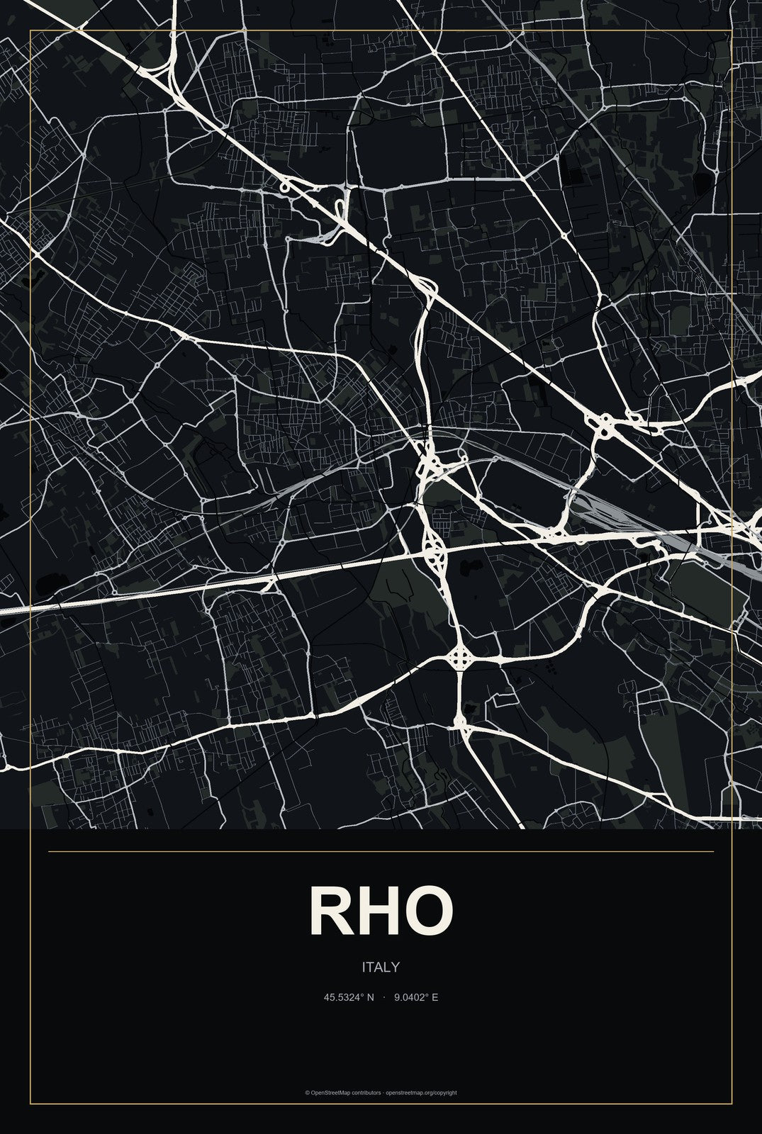 Rho, Italy City Map Aluminum Sign in Metropolitan Noir style
