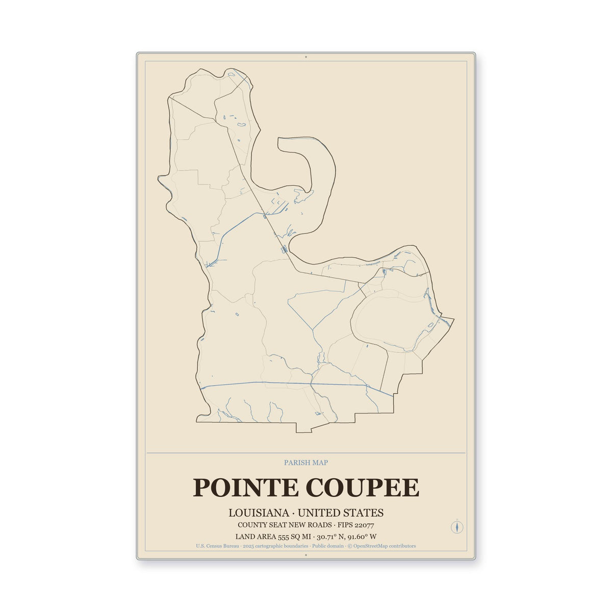 Pointe Coupee Parish, Louisiana Map Aluminum Sign in Heritage Nautical style