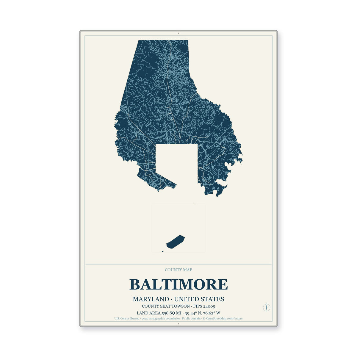 Baltimore County, Maryland Map Aluminum Sign in Coastal Cutout style