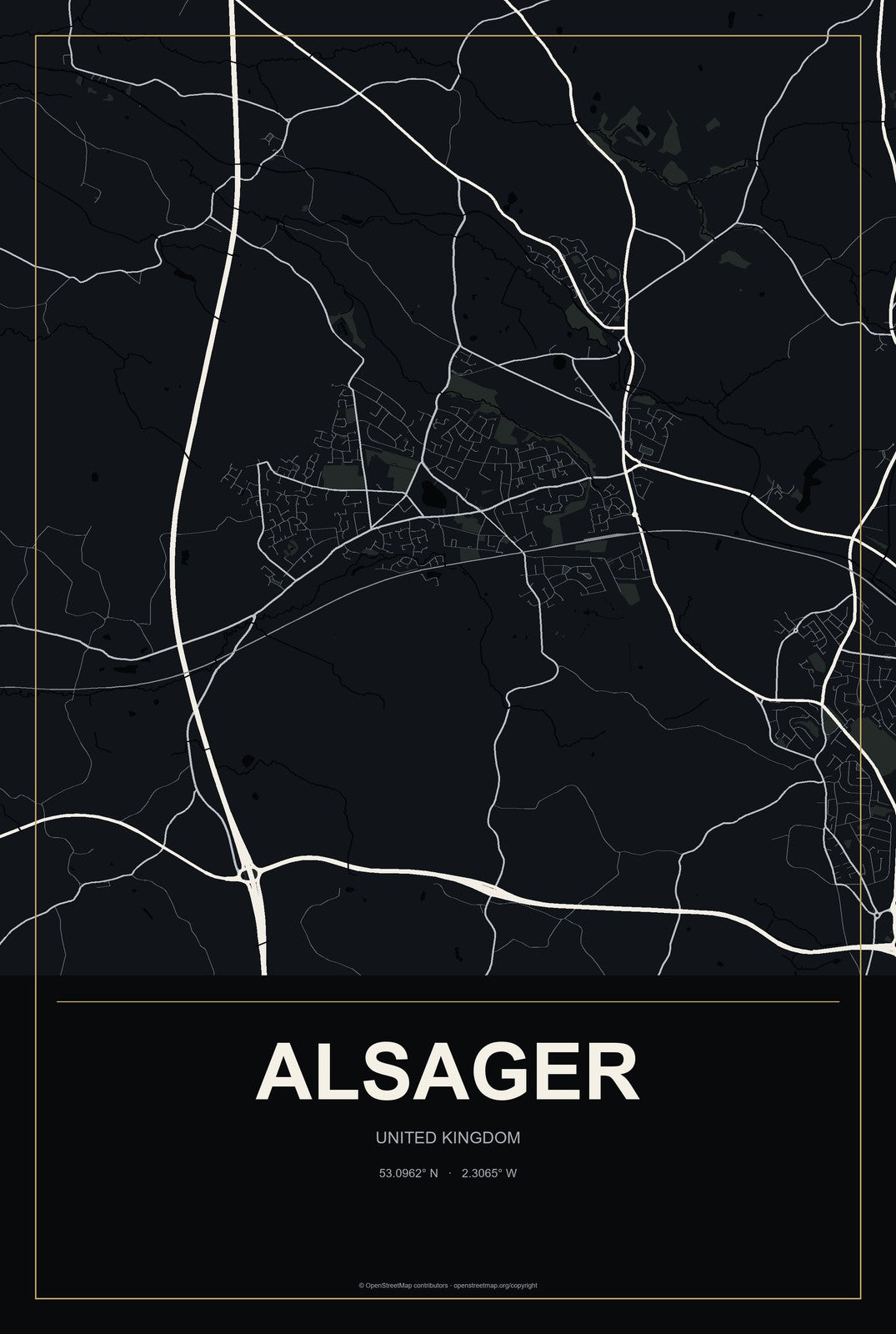 Alsager, United Kingdom City Map Aluminum Sign in Metropolitan Noir style