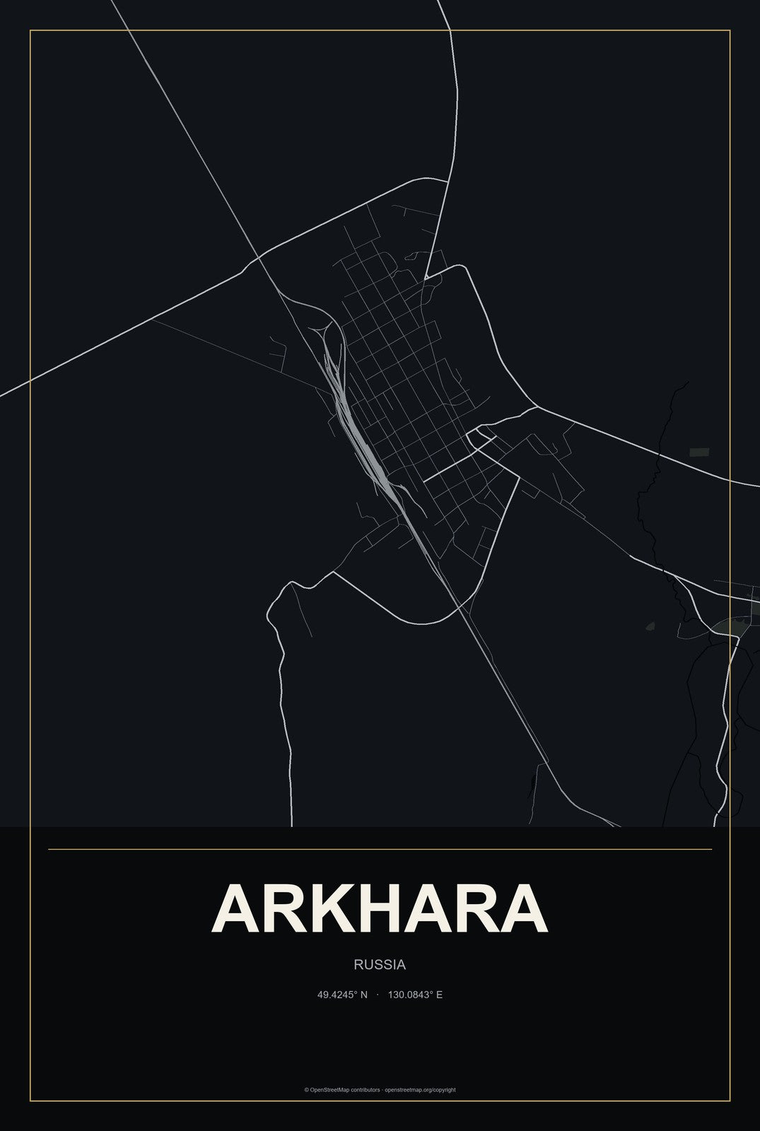 Arkhara, Russia City Map Aluminum Sign in Metropolitan Noir style