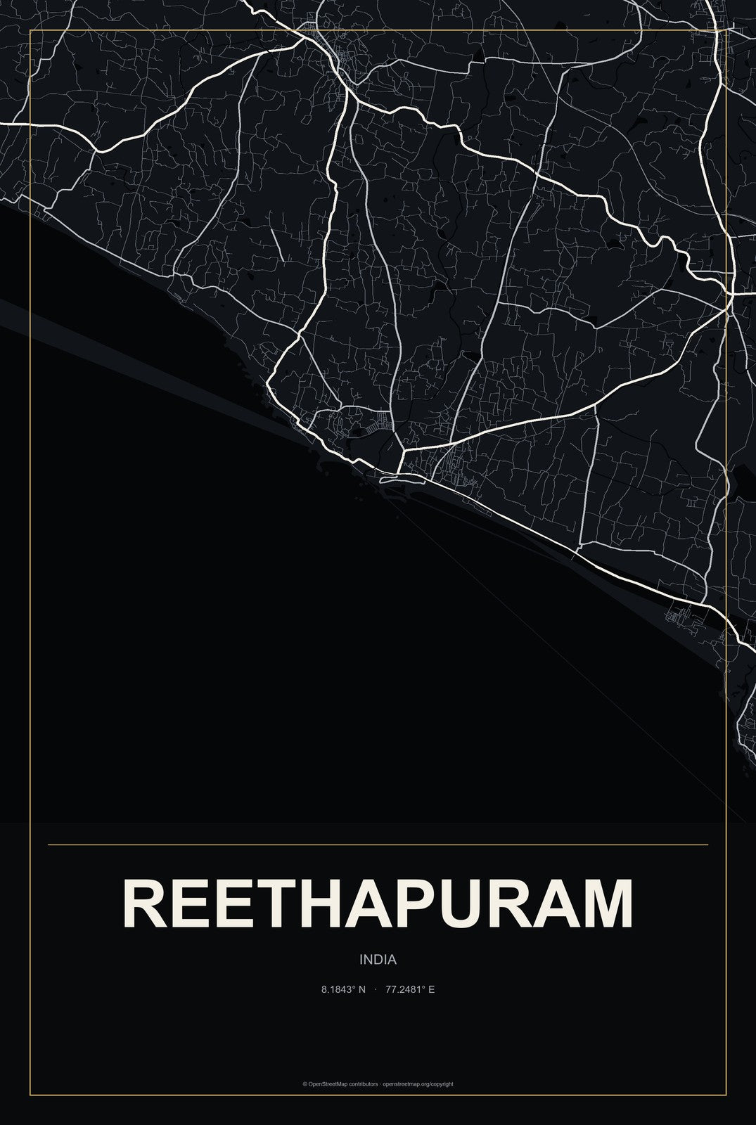 Reethapuram, India City Map Aluminum Sign in Metropolitan Noir style