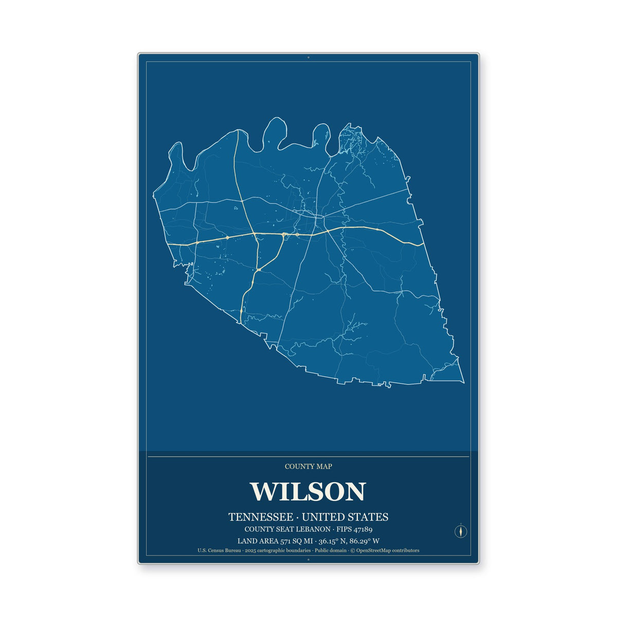 Wilson County, Tennessee Map Aluminum Sign in Harbor Cobalt style