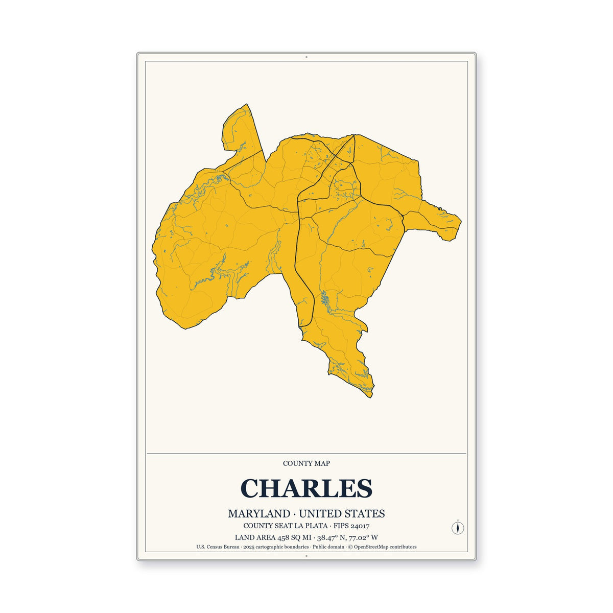 Charles County, Maryland Map Aluminum Sign in Citrine Modern style