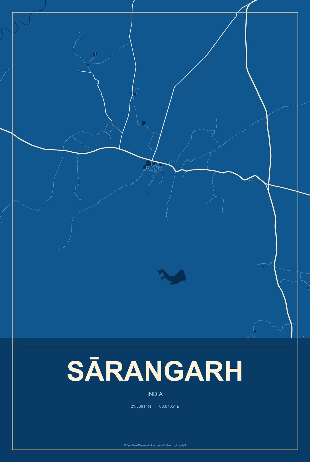 Sārangarh, India City Map Aluminum Sign in Harbor Cobalt style