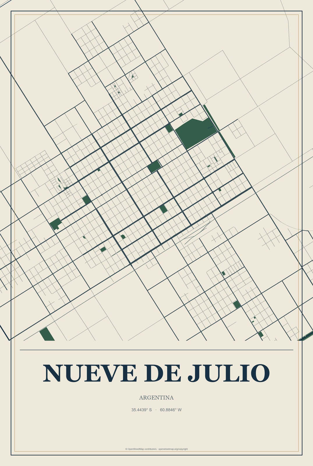Nueve de Julio, Argentina City Map Aluminum Sign in Coastal Cutout style