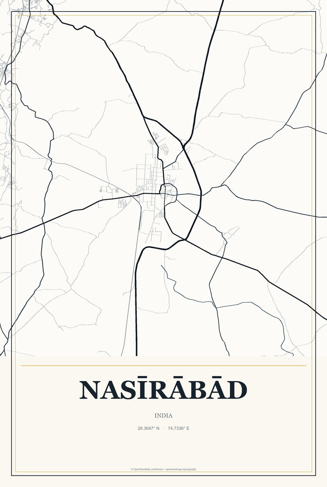 Nasīrābād, India City Map Aluminum Sign in Citrine Modern style