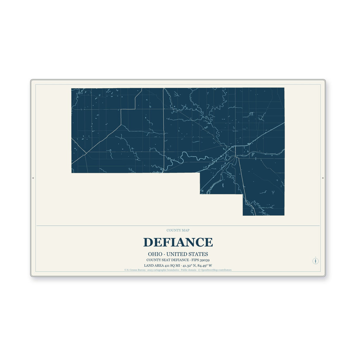 Defiance County, Ohio Map Aluminum Sign in Coastal Cutout style