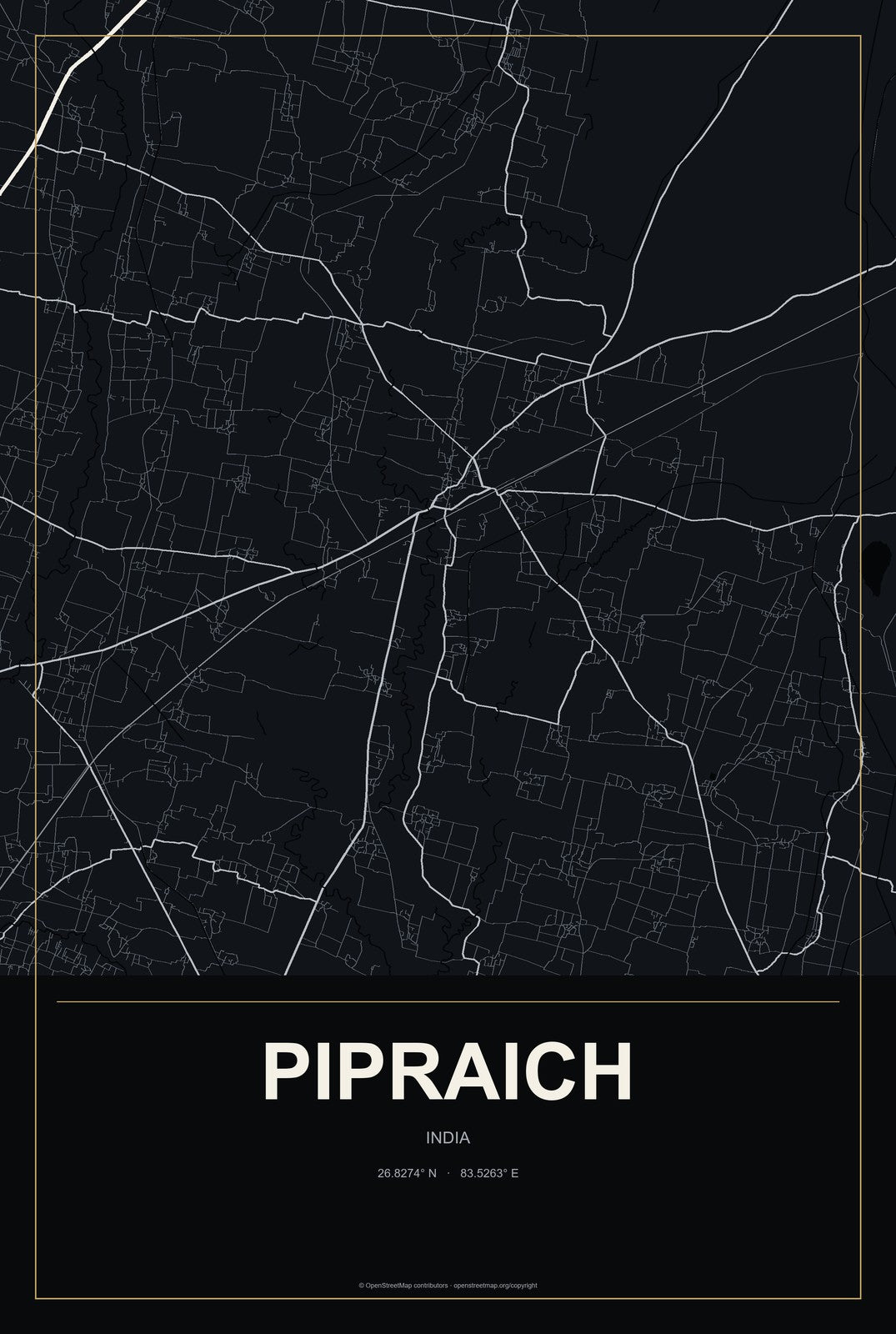 Pipraich, India City Map Aluminum Sign in Metropolitan Noir style
