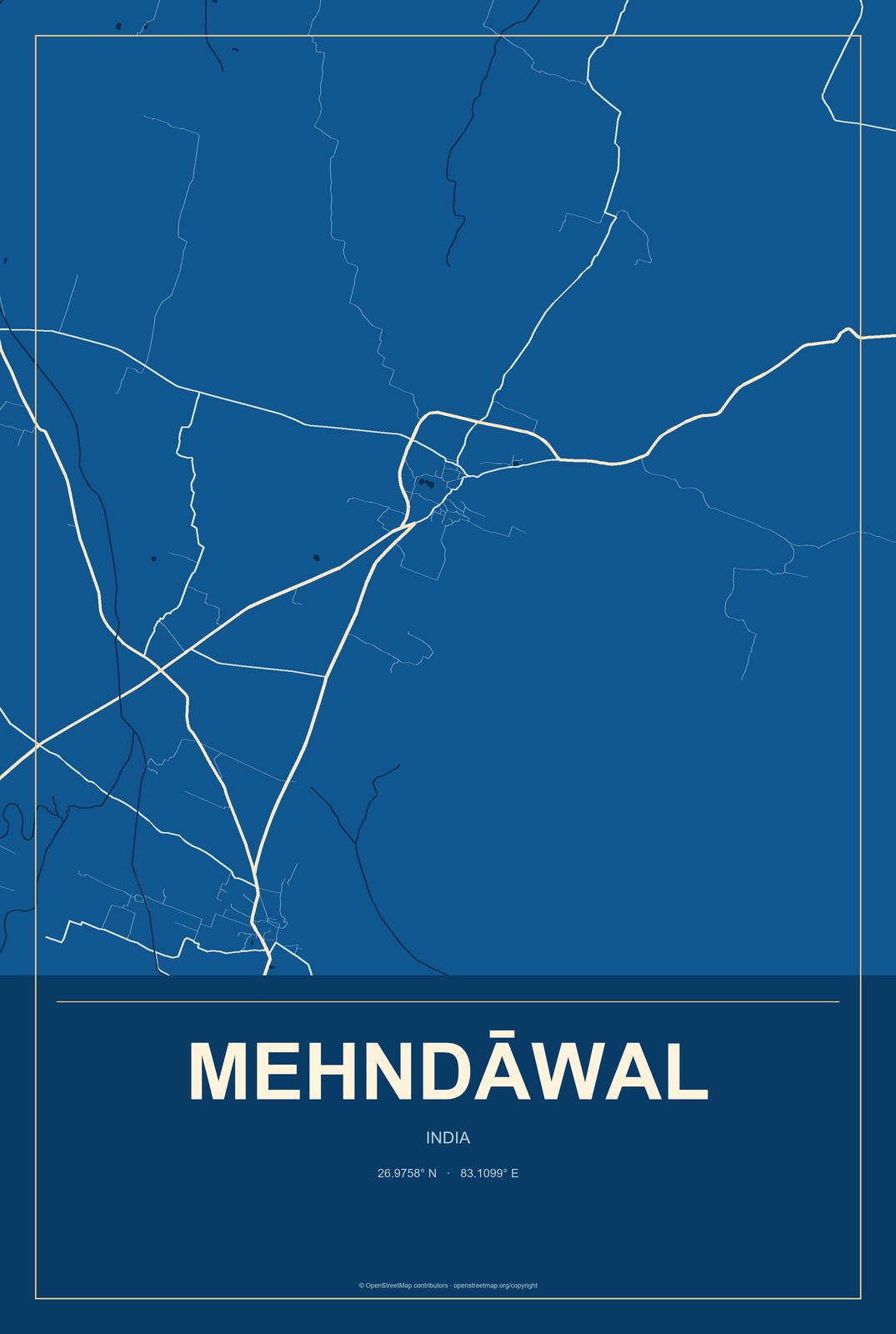Mehndāwal, India City Map Aluminum Sign in Harbor Cobalt style
