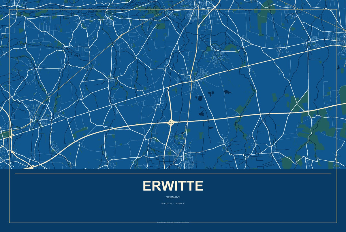 Erwitte, Germany City Map Aluminum Sign in Harbor Cobalt style