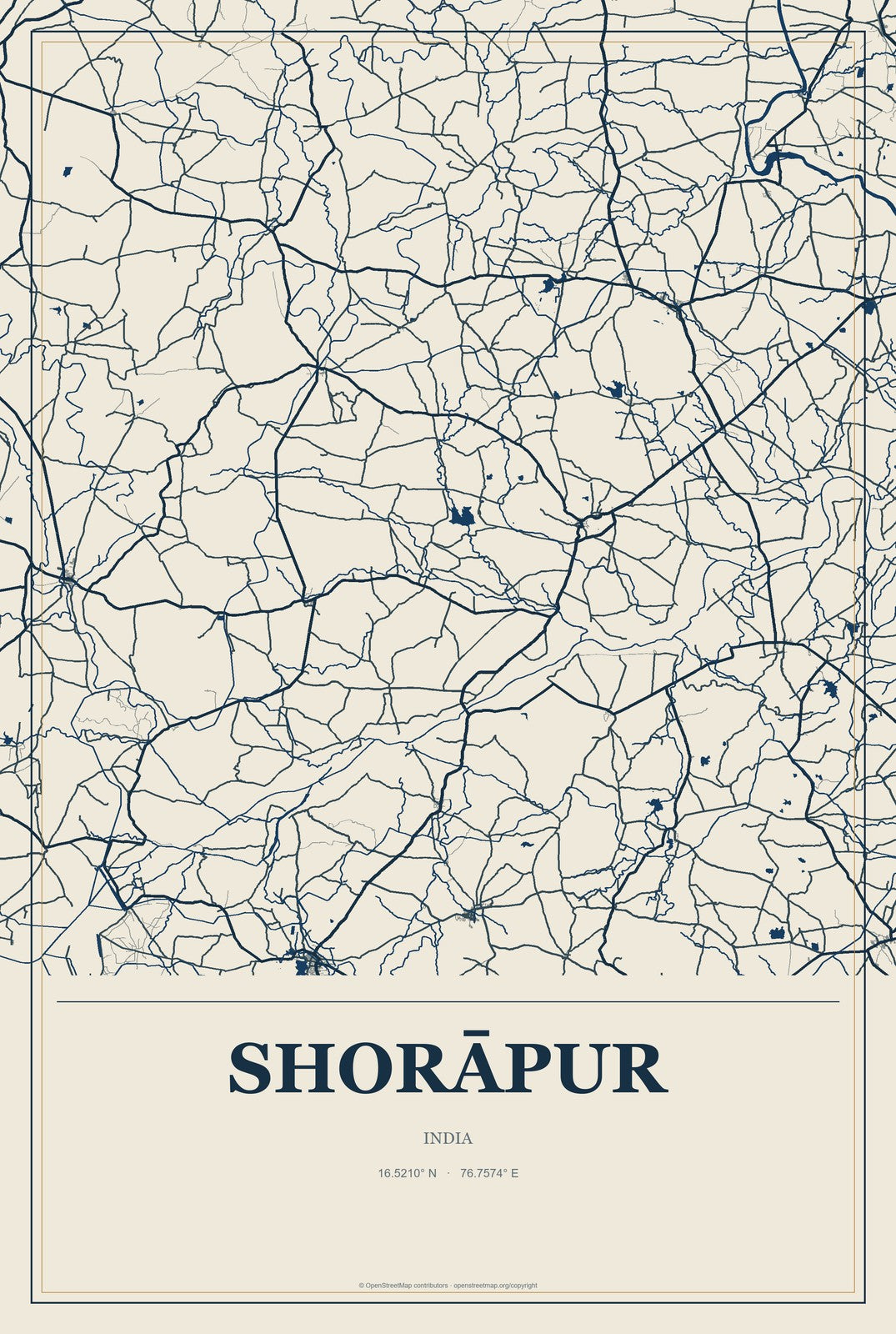 Shorāpur, India City Map Aluminum Sign in Coastal Cutout style