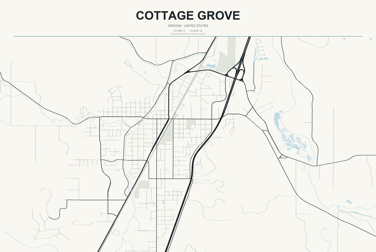Cottage Grove, Oregon City Map Aluminum Sign in Headline Atlas style