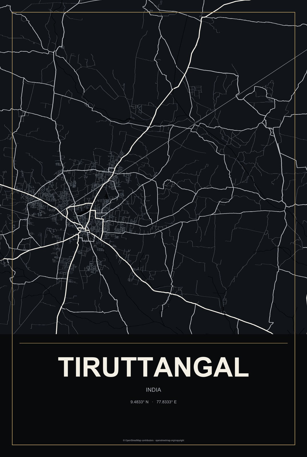 Tiruttangal, India City Map Aluminum Sign in Metropolitan Noir style