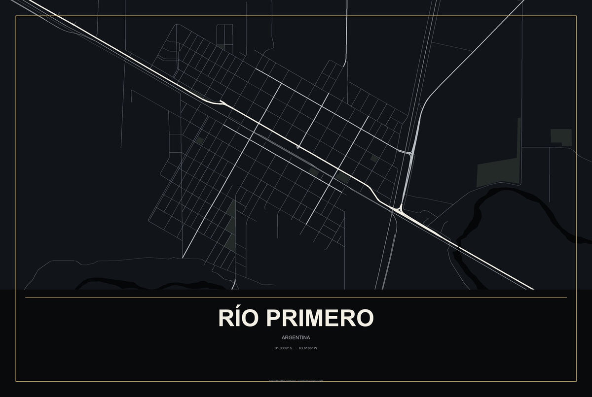 Río Primero, Argentina City Map Aluminum Sign in Metropolitan Noir style