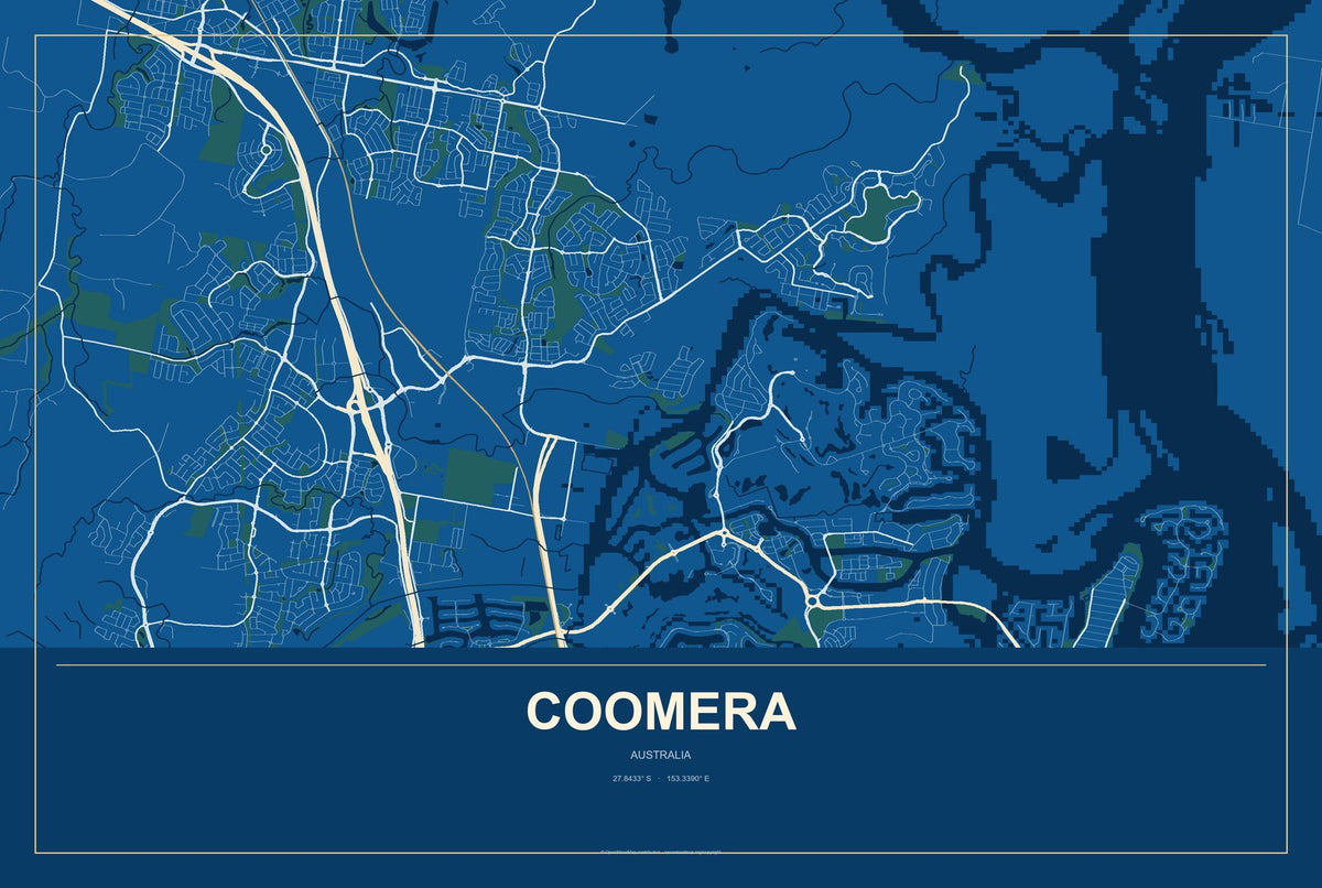Coomera, Australia City Map Aluminum Sign in Harbor Cobalt style