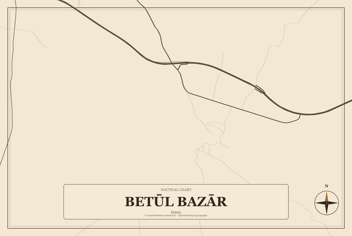 Betūl Bazār, India City Map Aluminum Sign in Heritage Nautical style