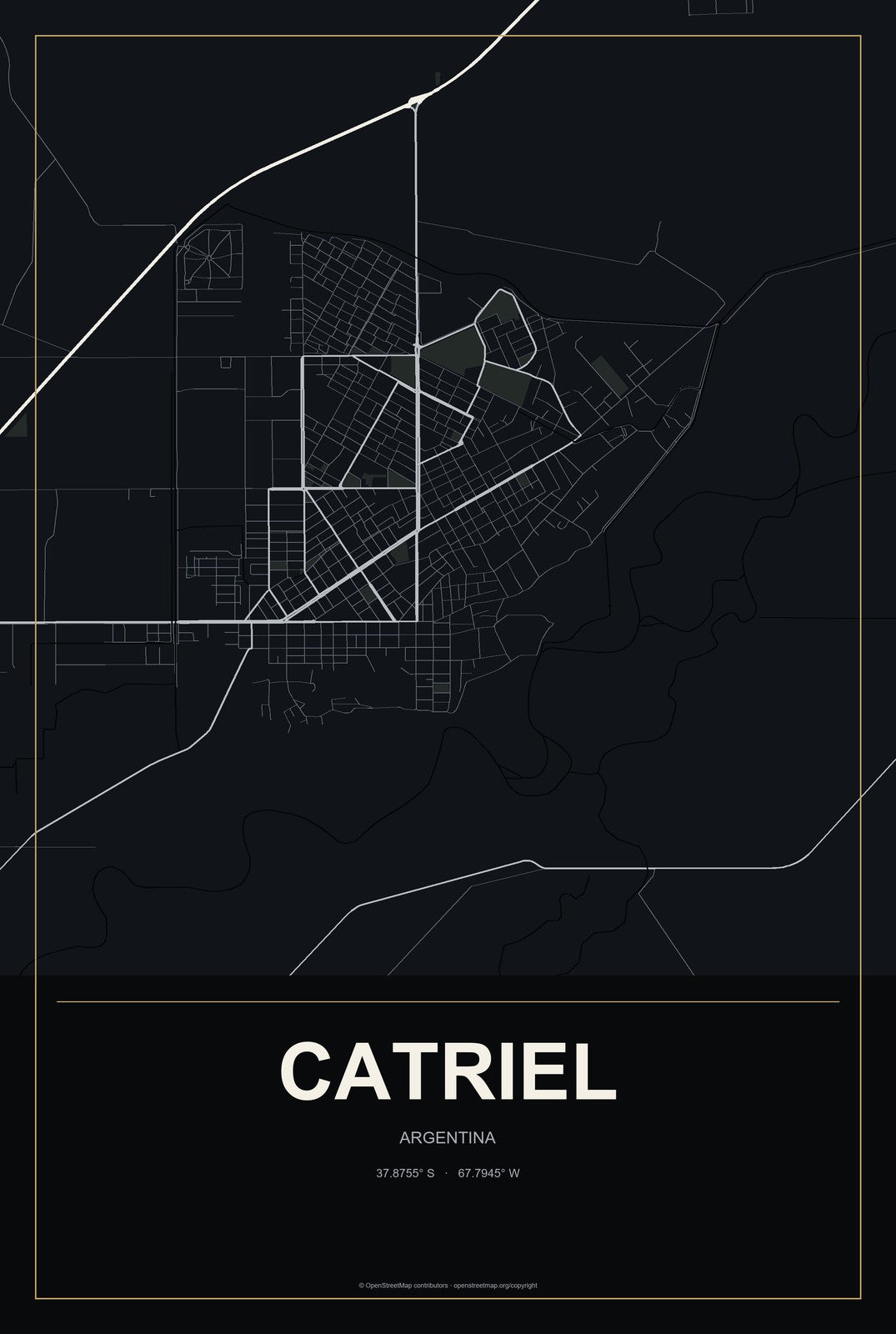 Catriel, Argentina City Map Aluminum Sign in Metropolitan Noir style