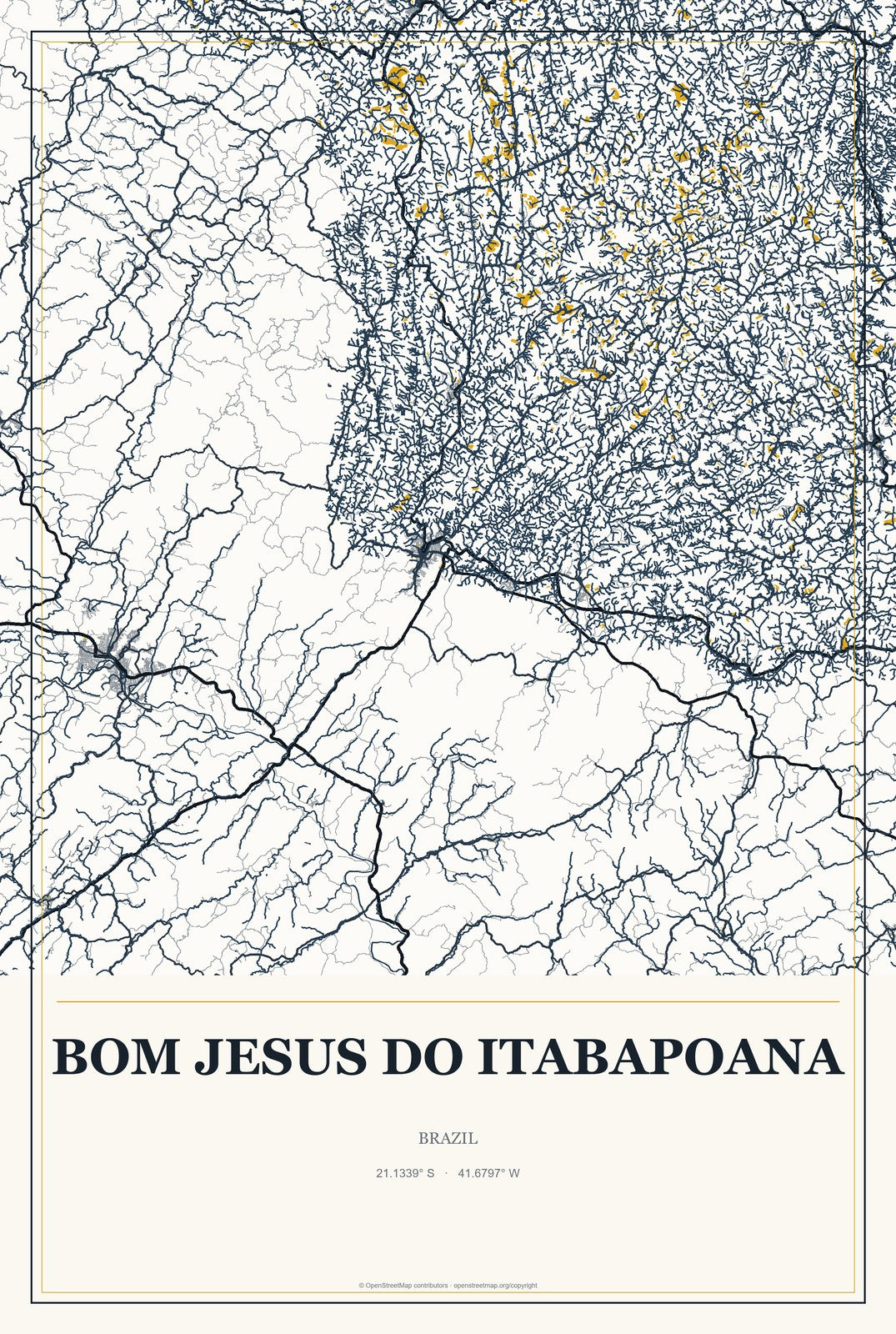 Bom Jesus do Itabapoana, Brazil City Map Aluminum Sign in Citrine Modern style