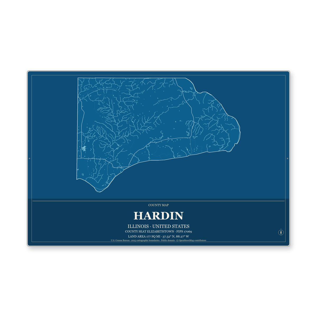Hardin County, Illinois Map Aluminum Sign in Harbor Cobalt style