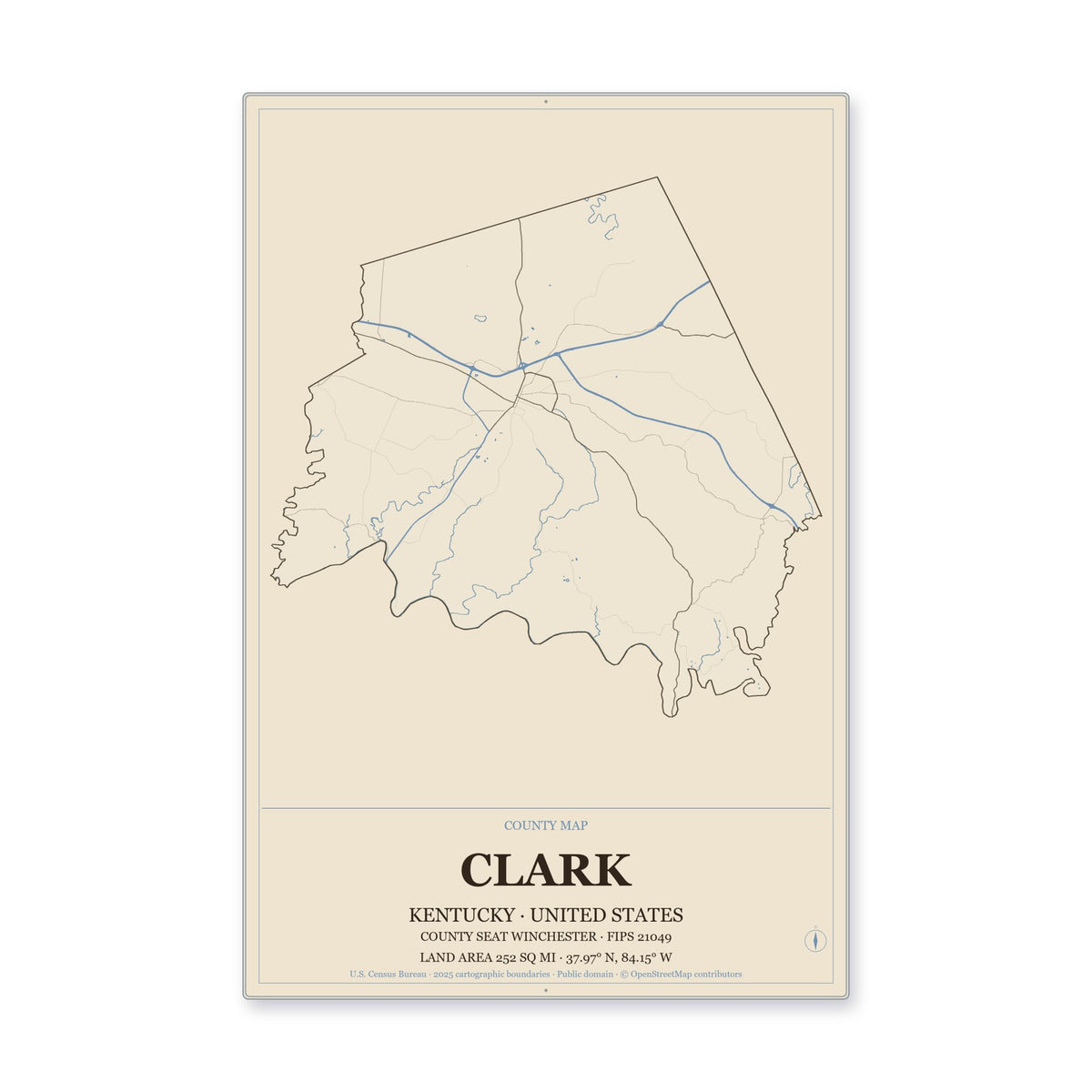 Clark County, Kentucky Map Aluminum Sign in Heritage Nautical style