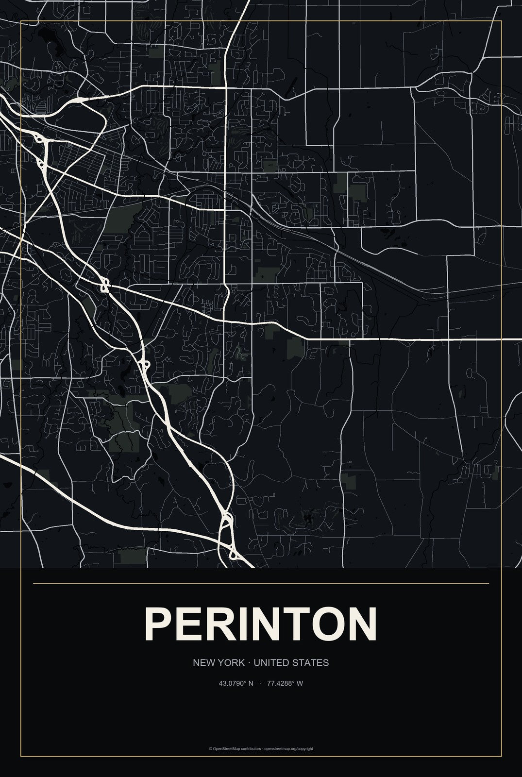 Perinton, New York City Map Aluminum Sign in Metropolitan Noir style