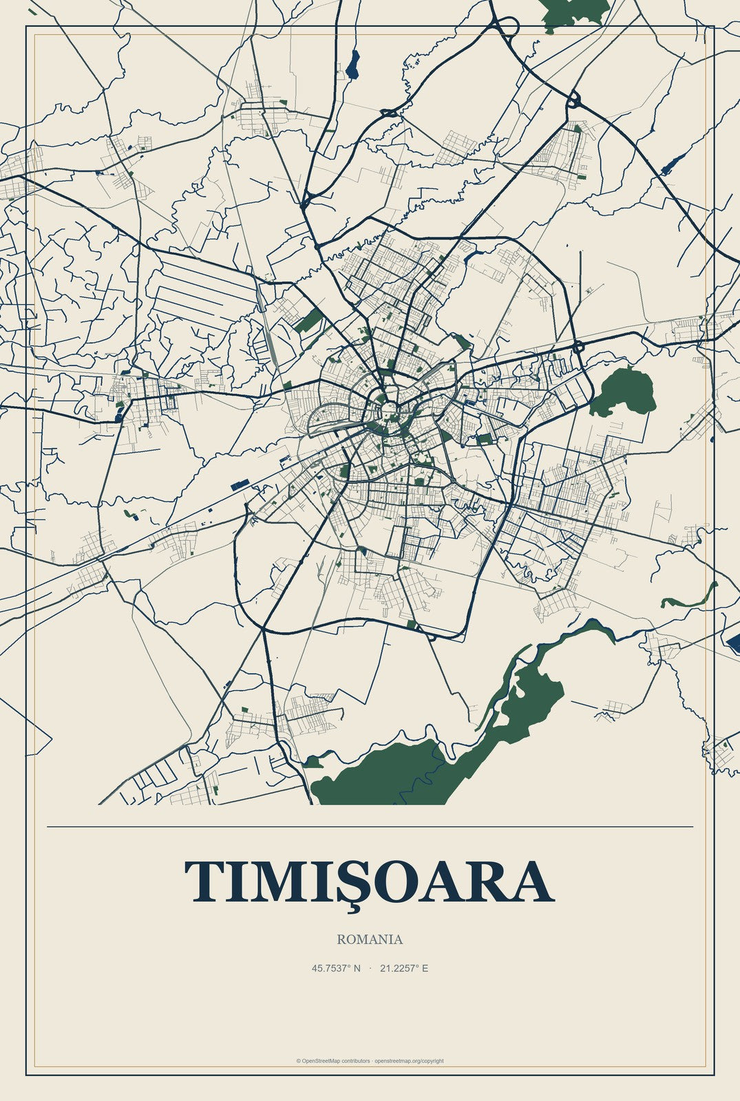 Timişoara, Romania City Map Aluminum Sign in Coastal Cutout style