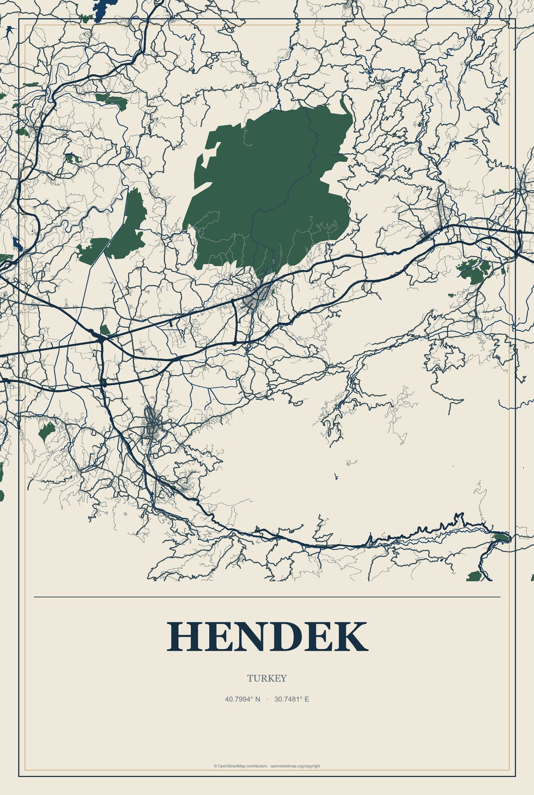 Hendek, Turkey City Map Aluminum Sign in Coastal Cutout style