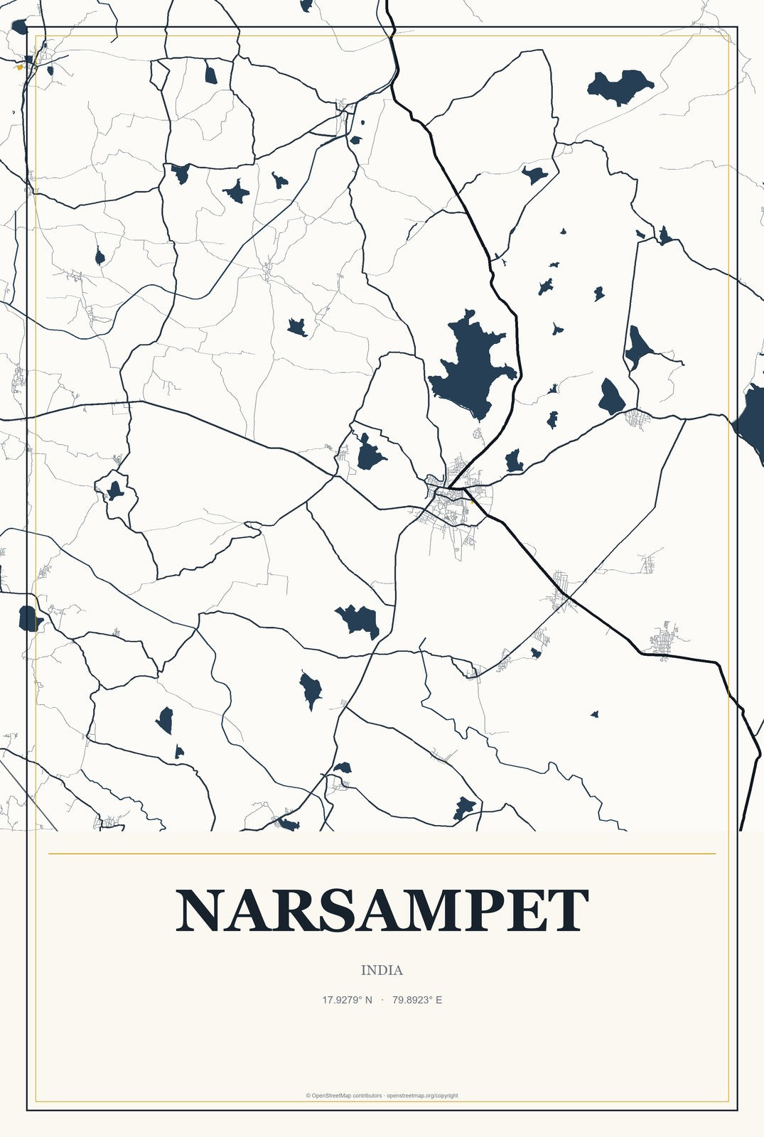 Narsampet, India City Map Aluminum Sign in Citrine Modern style