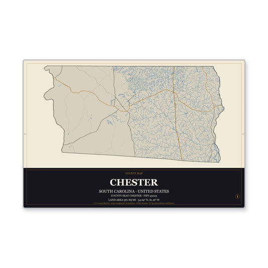 Chester County, South Carolina Map Aluminum Sign in Museum Plaque style
