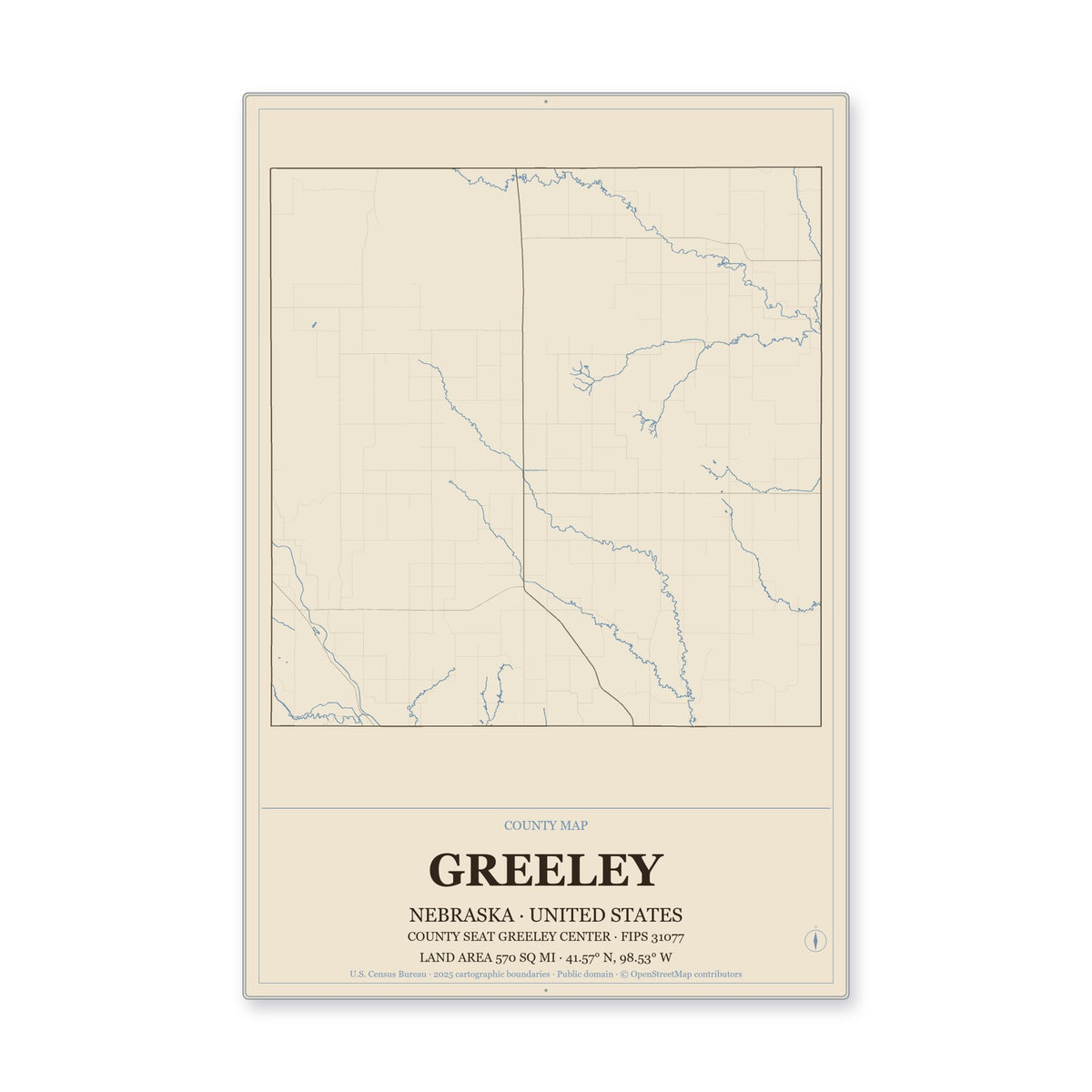 Greeley County, Nebraska Map Aluminum Sign in Heritage Nautical style