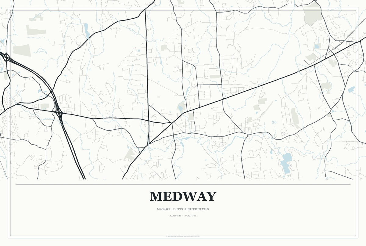 Medway, Massachusetts City Map Aluminum Sign in Gallery Air style