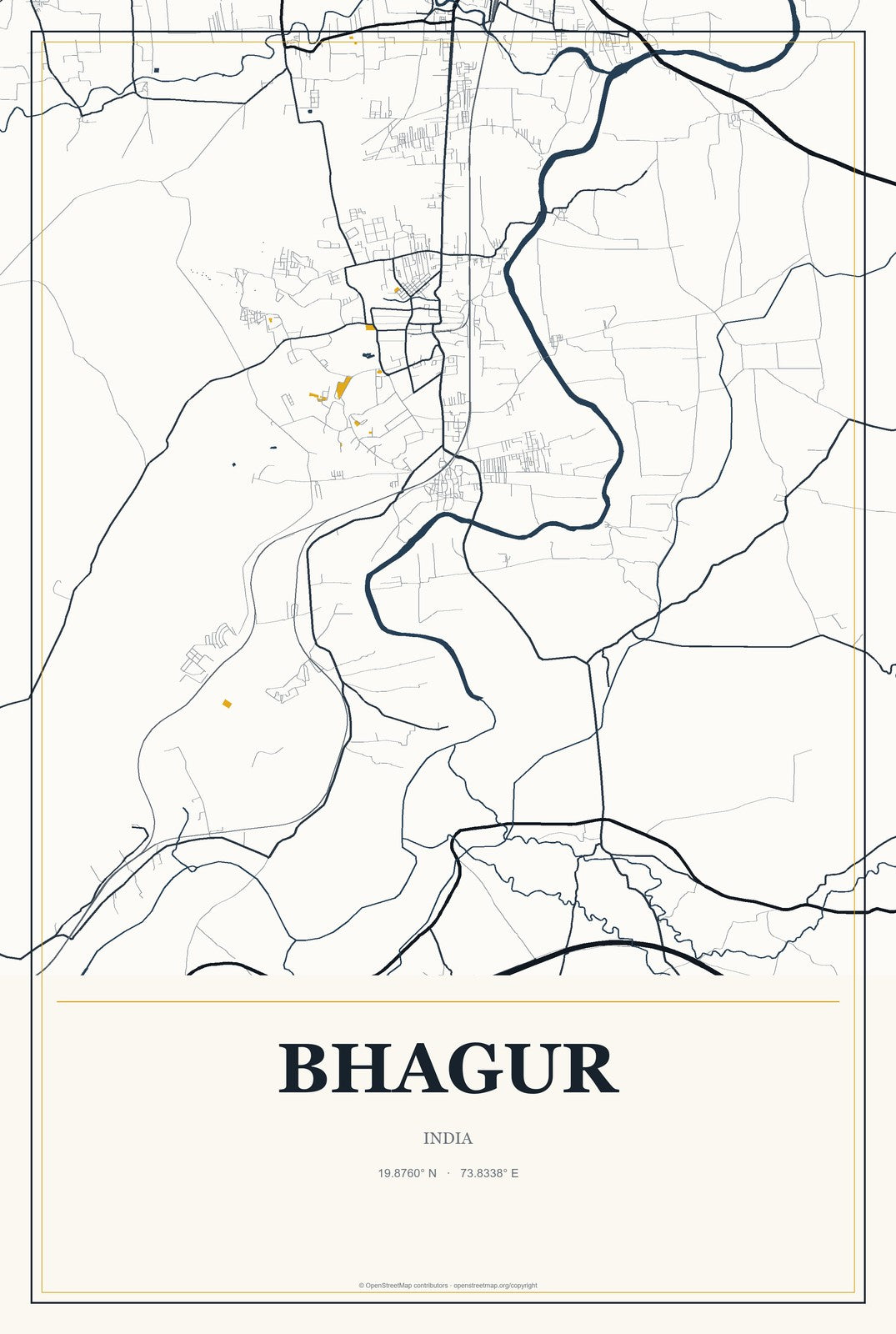 Bhagur, India City Map Aluminum Sign in Citrine Modern style