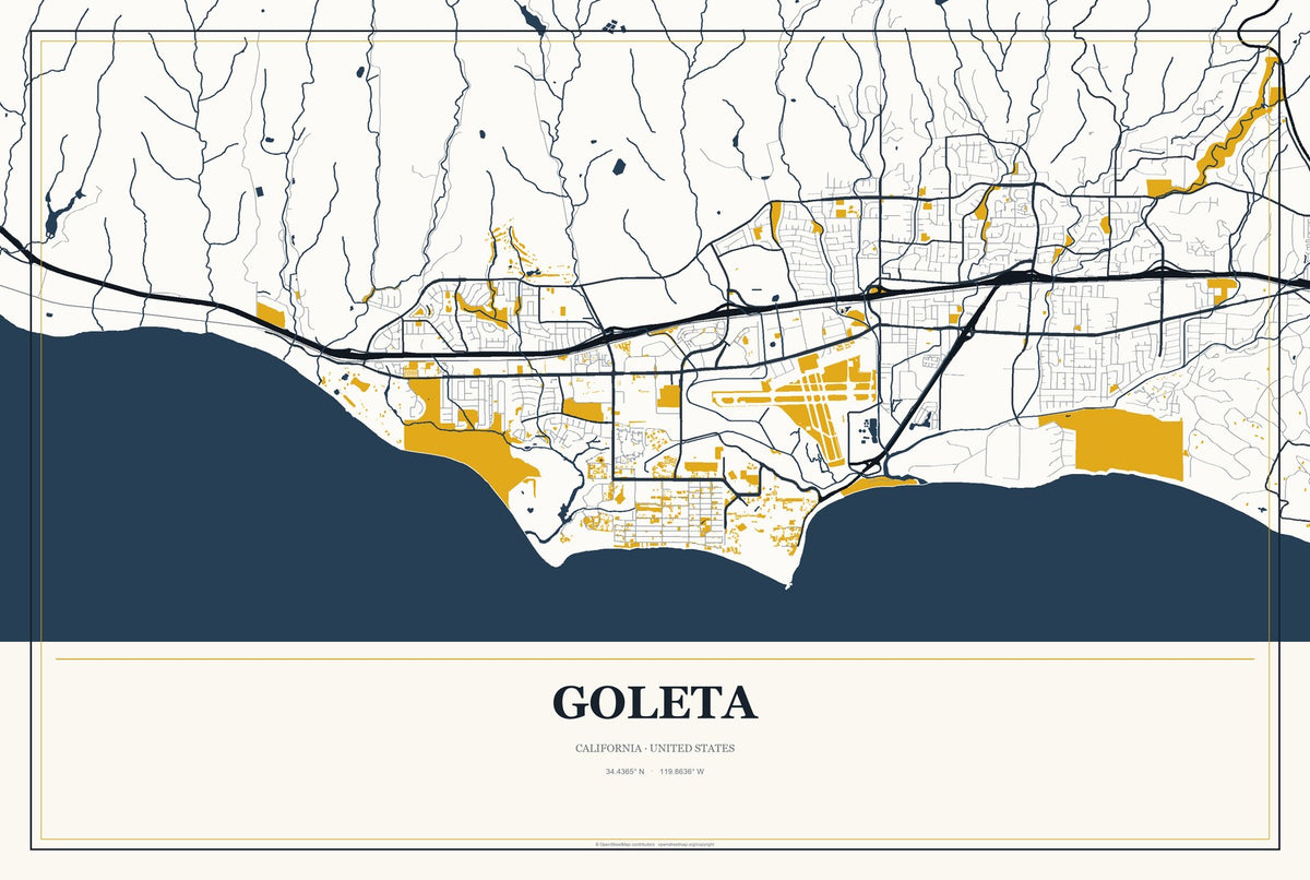 Goleta, California City Map Aluminum Sign in Citrine Modern style
