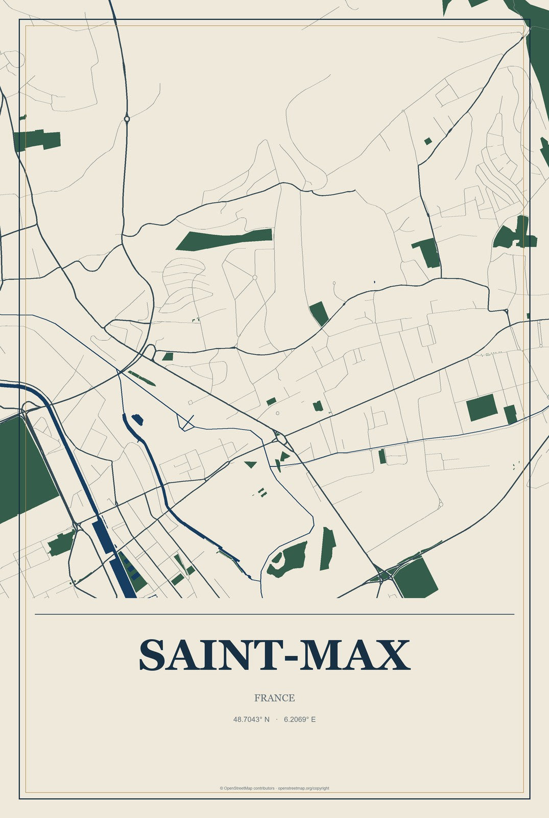 Saint-Max, France City Map Aluminum Sign in Coastal Cutout style