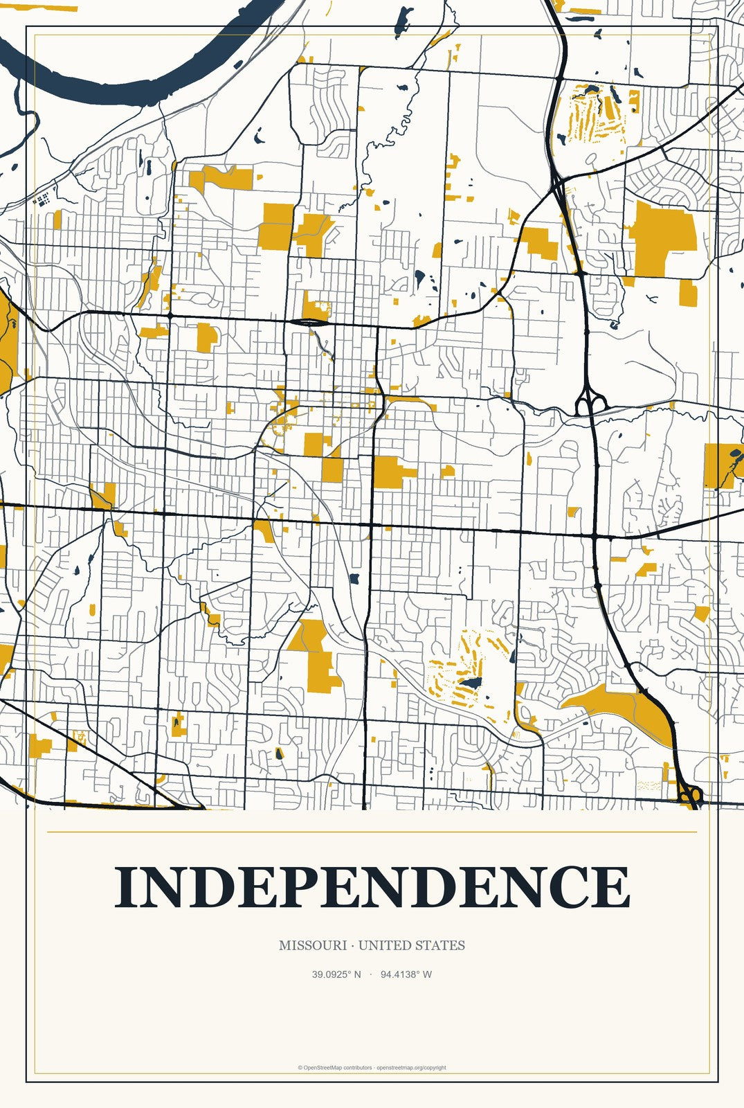Independence, Missouri City Map Aluminum Sign in Citrine Modern style
