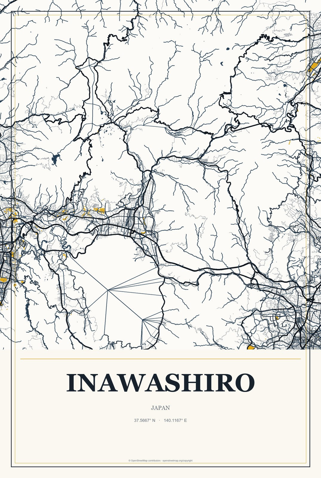 Inawashiro, Japan City Map Aluminum Sign in Citrine Modern style