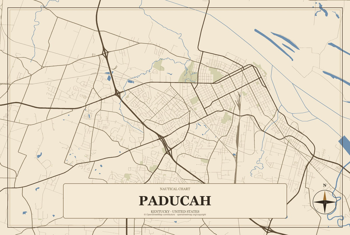 Paducah, Kentucky City Map Aluminum Sign in Heritage Nautical style