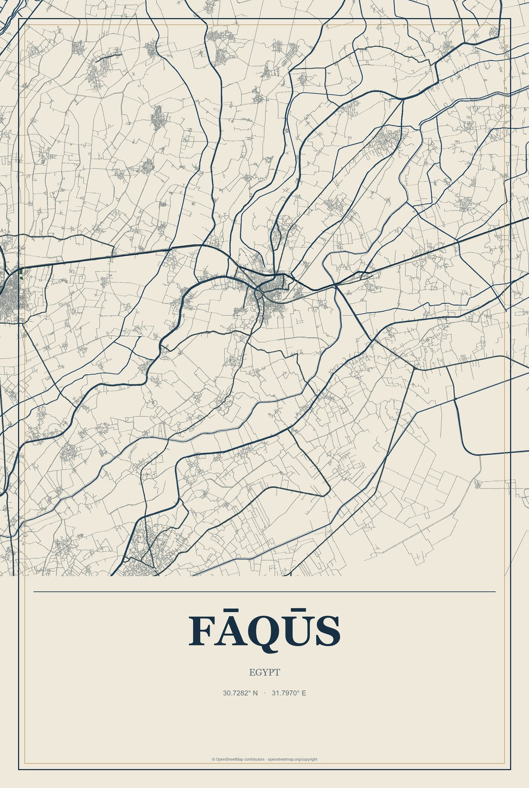 Fāqūs, Egypt City Map Aluminum Sign in Coastal Cutout style