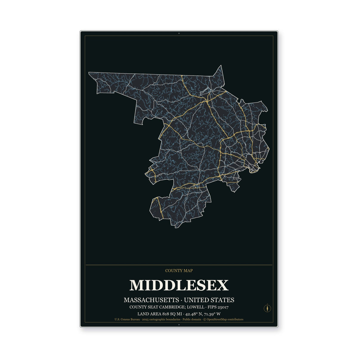 Middlesex County, Massachusetts Map Aluminum Sign in Metropolitan Noir style