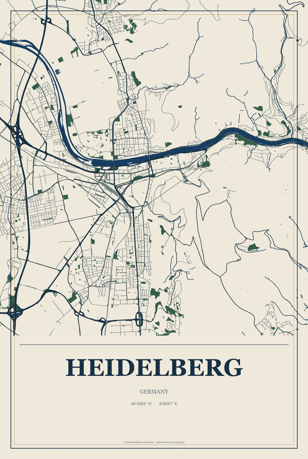 Heidelberg, Germany City Map Aluminum Sign in Coastal Cutout style
