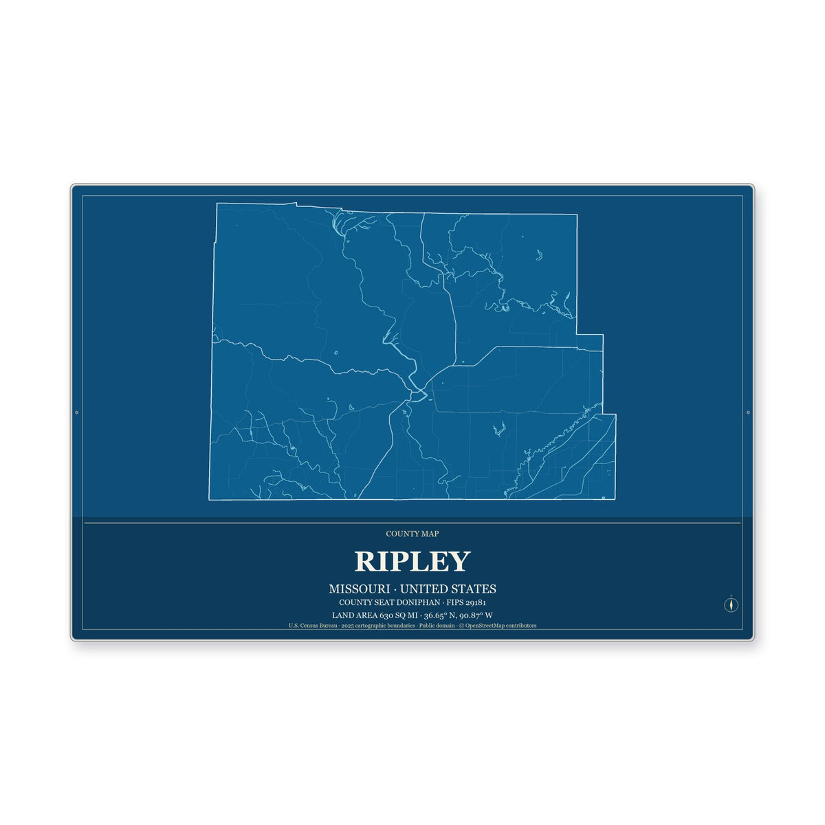 Ripley County, Missouri Map Aluminum Sign in Harbor Cobalt style